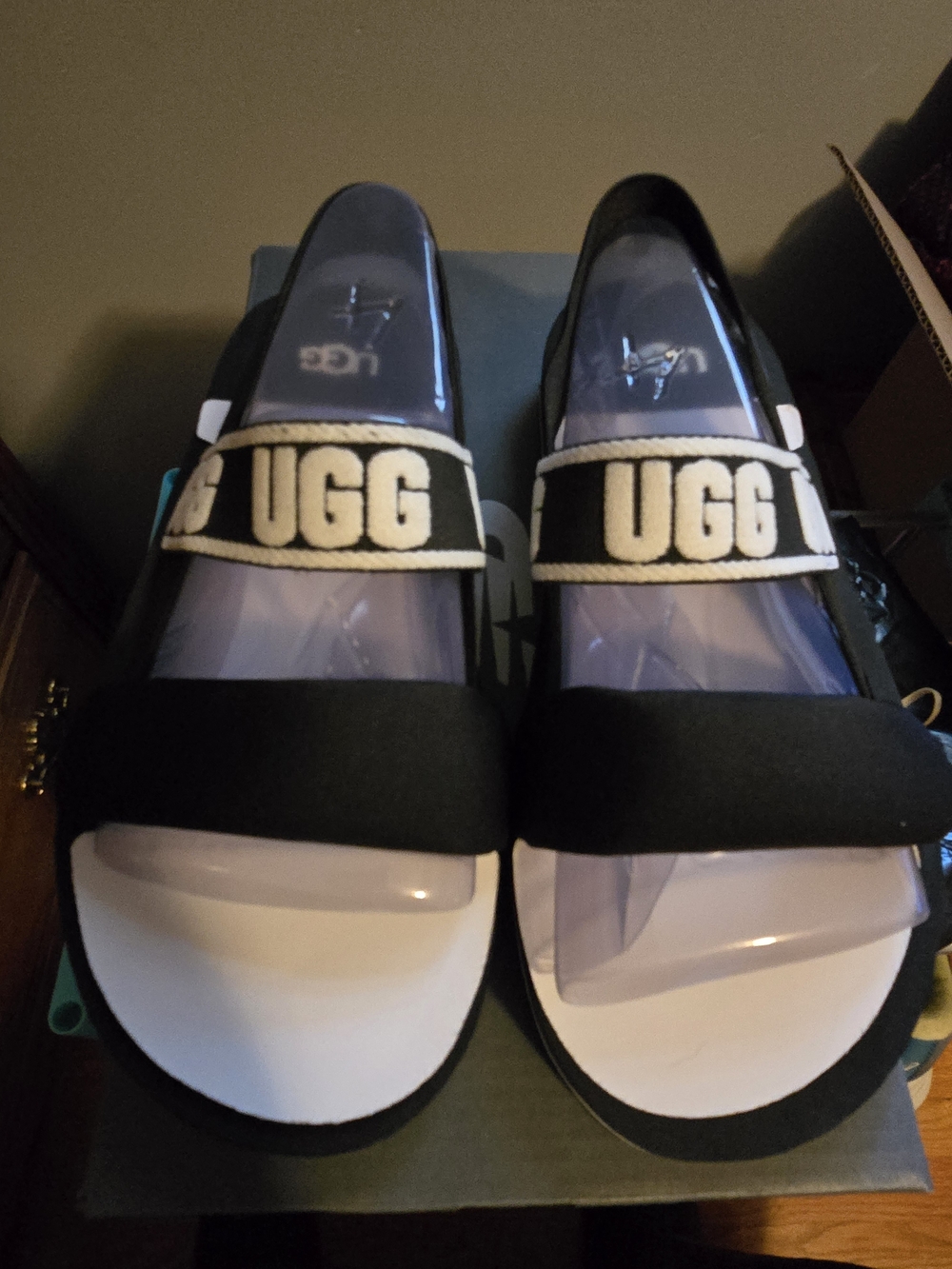 UGG Kids Black and White Logo Strap Slides